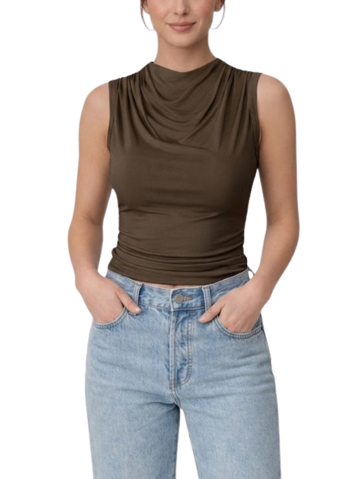 Women's Stretch Jersey Sleeveless Cowl Draped Mock Neck Side Ruched Fitted Cropped Blouse Top