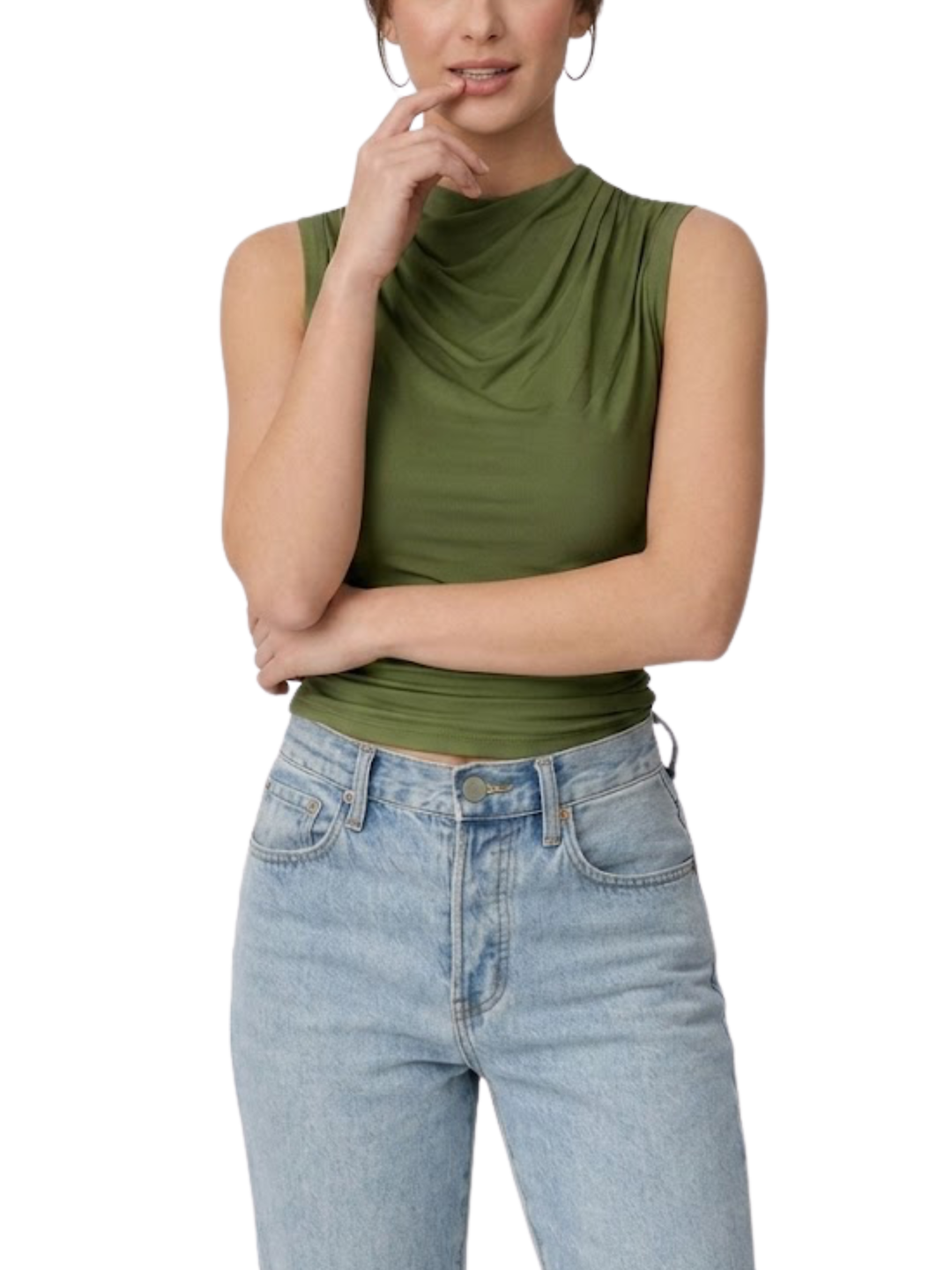 Women's Stretch Jersey Sleeveless Cowl Draped Mock Neck Side Ruched Fitted Cropped Blouse Top
