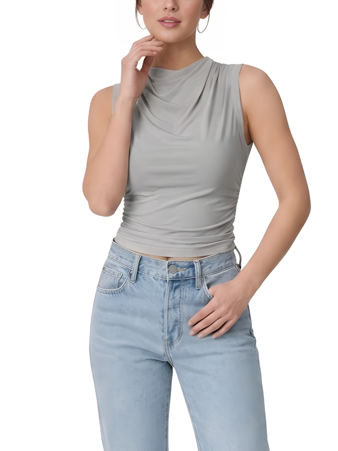 Women's Stretch Jersey Sleeveless Cowl Draped Mock Neck Side Ruched Fitted Cropped Blouse Top