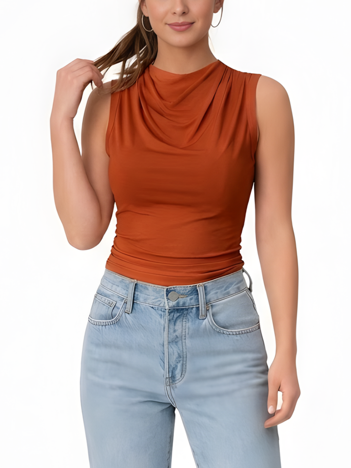Women's Stretch Jersey Sleeveless Cowl Draped Mock Neck Side Ruched Fitted Cropped Blouse Top