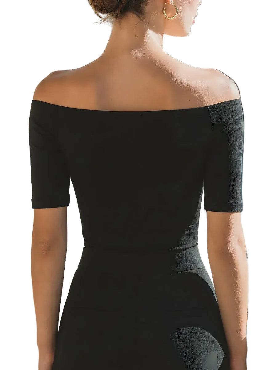 Women's Stretch Knit Off Shoulder Short Sleeve Fitted Bodycon Top