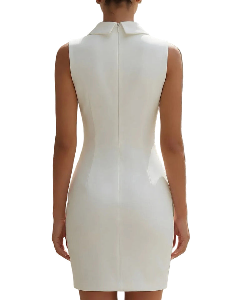 Women's Stretch Plain Notch Lapel Sleeveless Ruched Waist Fitted Bodycon Mini Dress