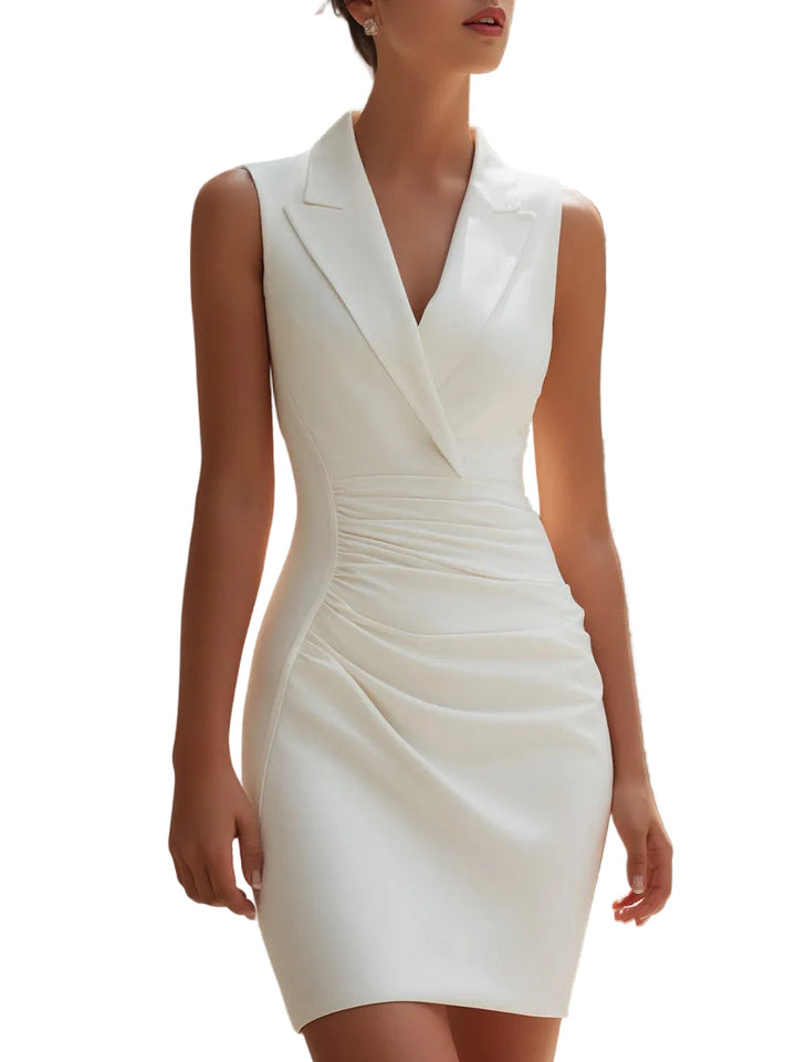 Women's Stretch Plain Notch Lapel Sleeveless Ruched Waist Fitted Bodycon Mini Dress