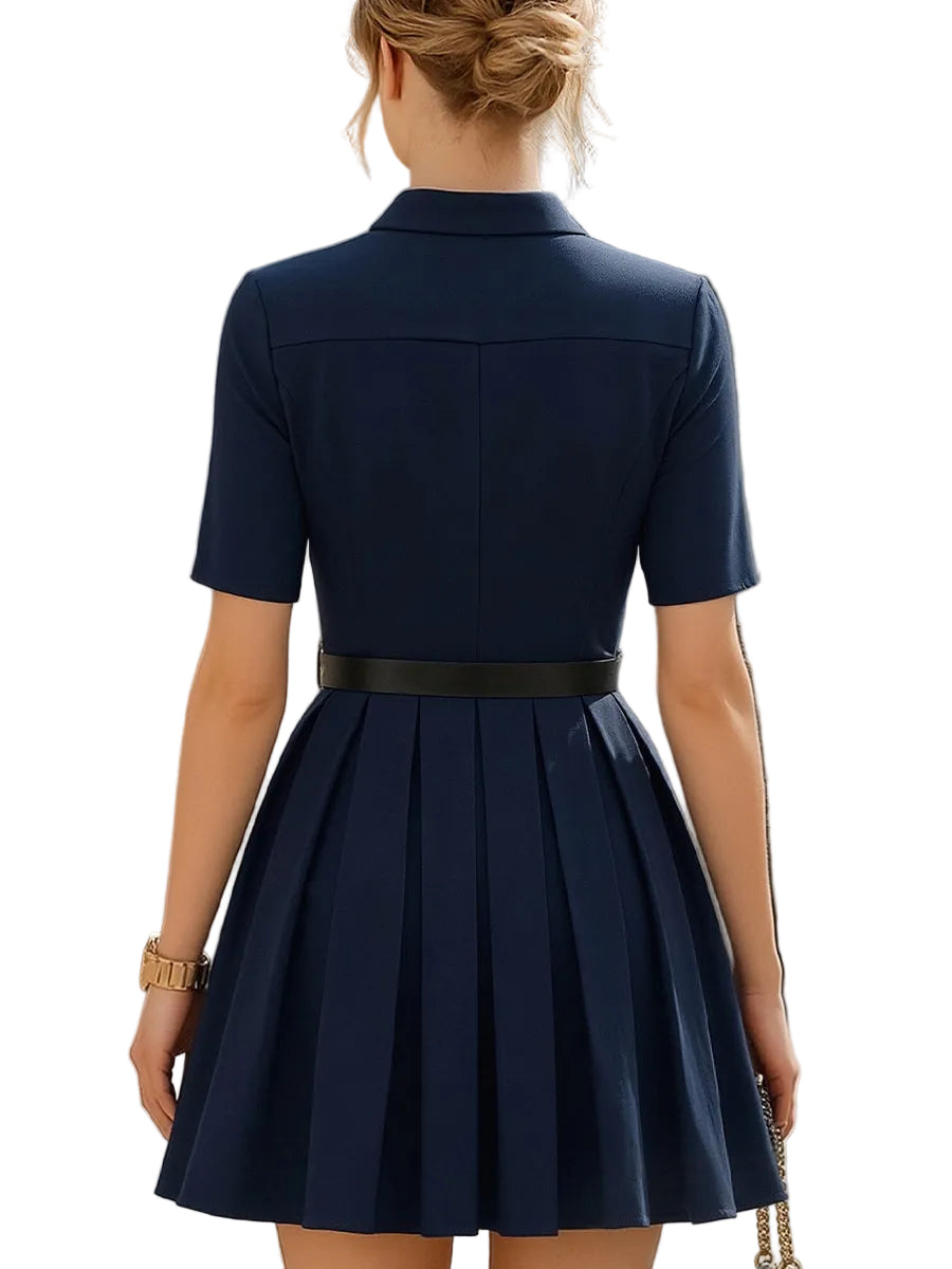 Women's Stretch Plain Point Collar Short Sleeve Gold Front Zip Fitted Bodice Pleated Skirt Belted Mini Dress