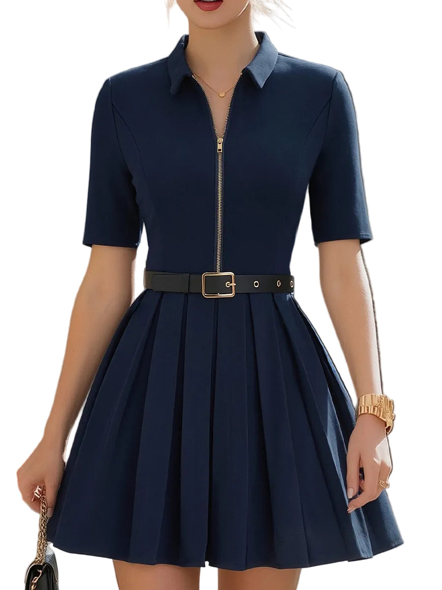Women's Stretch Plain Point Collar Short Sleeve Gold Front Zip Fitted Bodice Pleated Skirt Belted Mini Dress