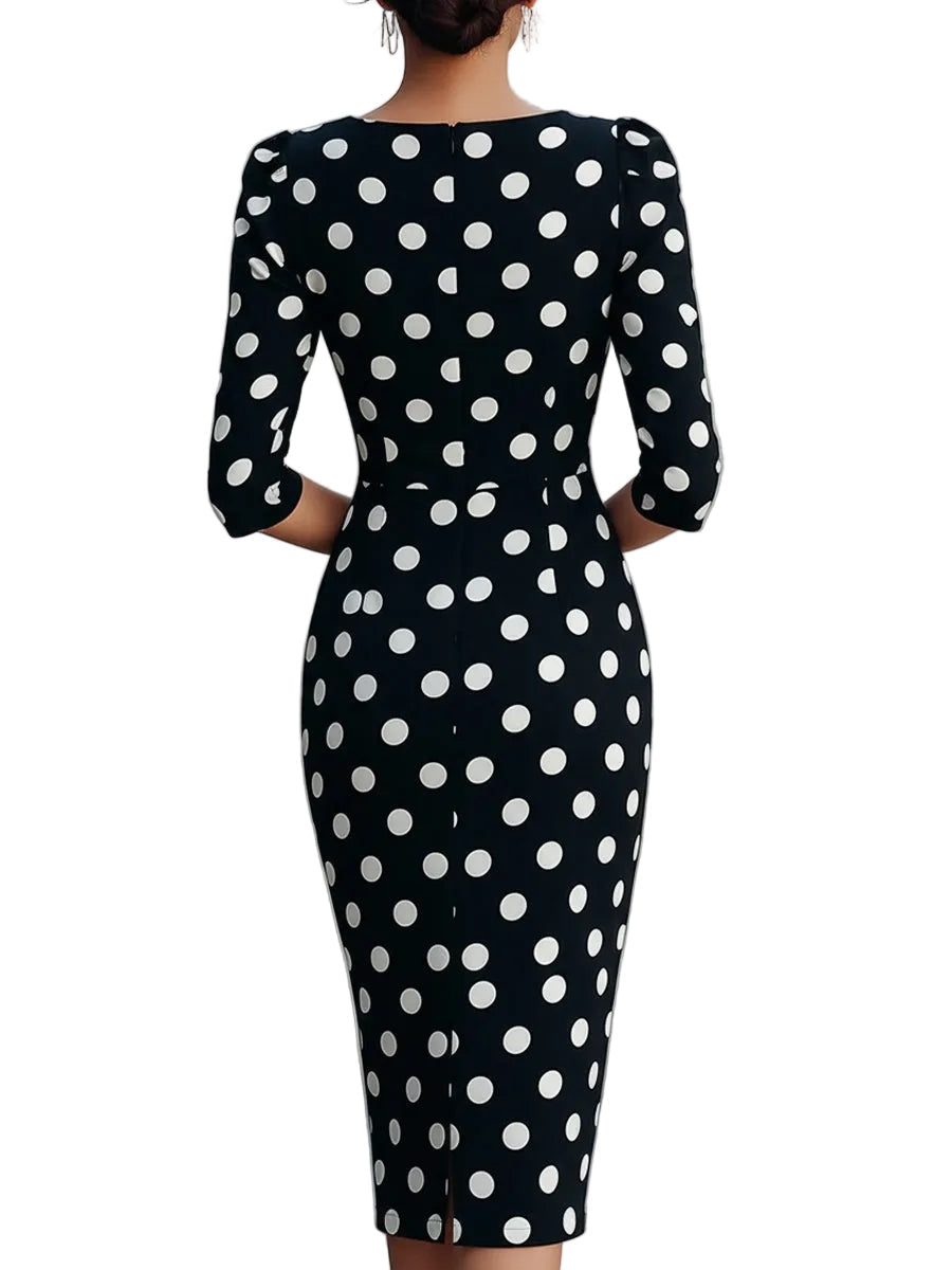 Women's Stretch Woven Large Scale Polka Dot Three Quarter Puff Sleeve Bateau Neck Fitted Sheath Midi Dress