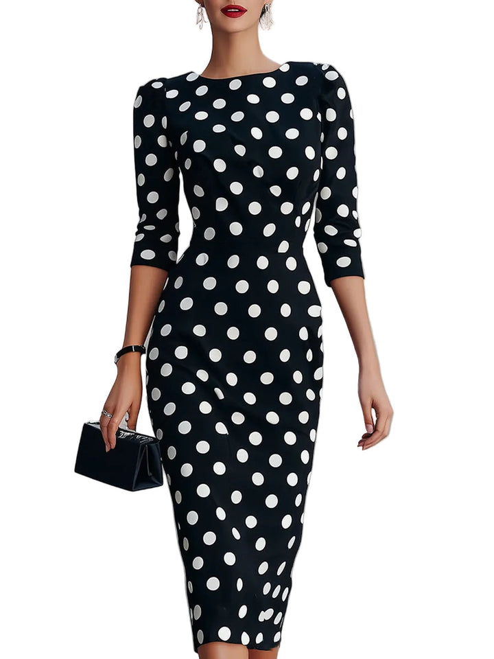 Women's Stretch Woven Large Scale Polka Dot Three Quarter Puff Sleeve Bateau Neck Fitted Sheath Midi Dress