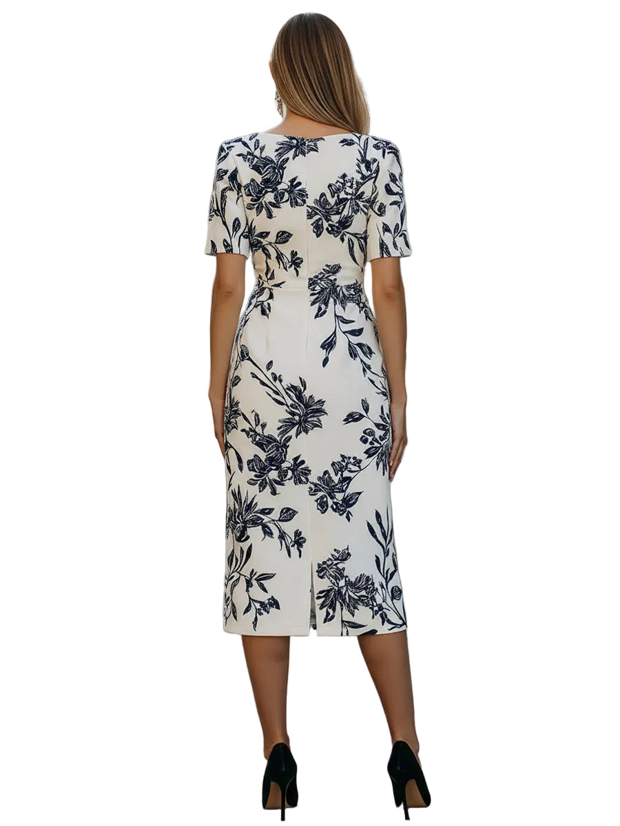 Women's Structured Woven Botanical Print Bateau Neck Short Sleeve Fitted Pencil Midi Dress