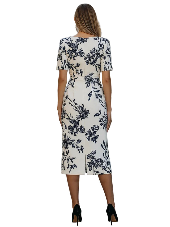 Women's Structured Woven Botanical Print Bateau Neck Short Sleeve Fitted Pencil Midi Dress