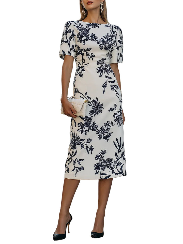 Women's Structured Woven Botanical Print Bateau Neck Short Sleeve Fitted Pencil Midi Dress