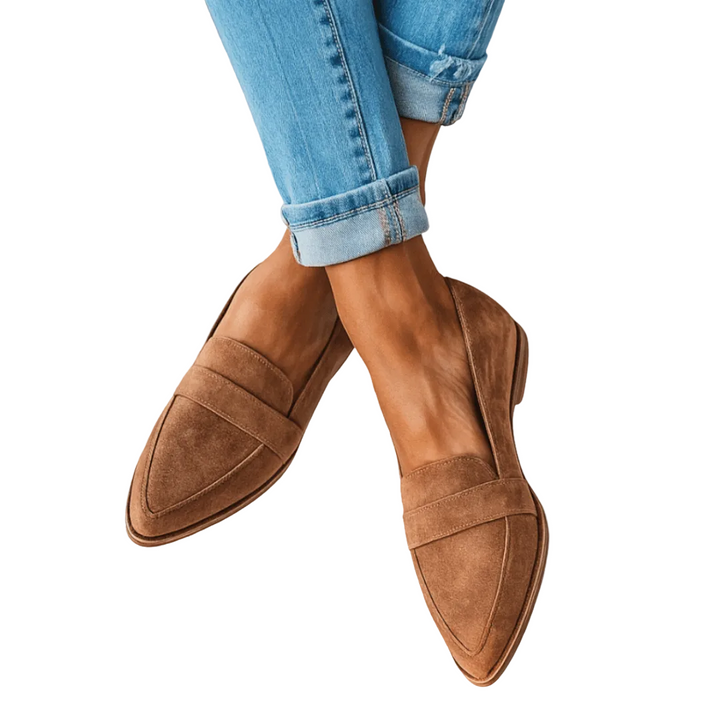 Women's Suede Pointed Toe Slip-On Flat Penny Strap Loafer with Cushioned Insole and Flexible Sole