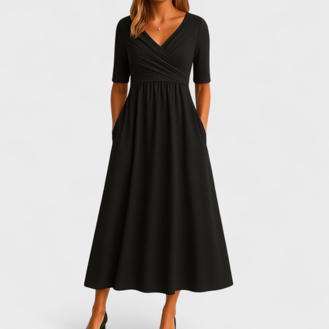 Women's Surplice Wrap V Neck Midi Dress with Crossover Ruched Waistband, Elbow-Length Sleeves and A-Line Skirt with Side Pockets