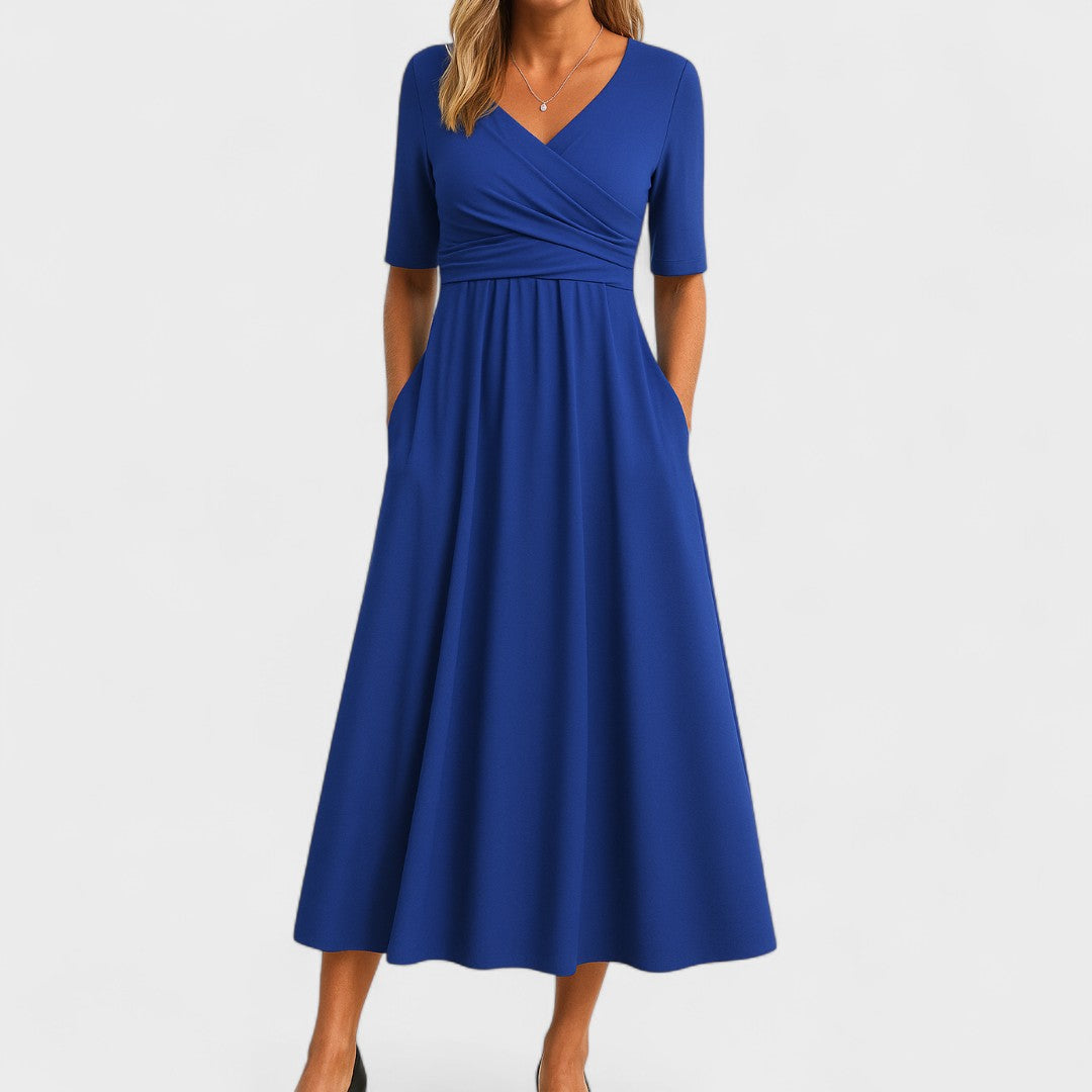 Women's Surplice Wrap V Neck Midi Dress with Crossover Ruched Waistband, Elbow-Length Sleeves and A-Line Skirt with Side Pockets