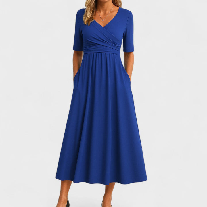 Women's Surplice Wrap V Neck Midi Dress with Crossover Ruched Waistband, Elbow-Length Sleeves and A-Line Skirt with Side Pockets