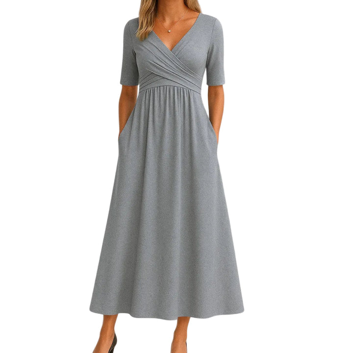 Women's Surplice Wrap V Neck Midi Dress with Crossover Ruched Waistband, Elbow-Length Sleeves and A-Line Skirt with Side Pockets