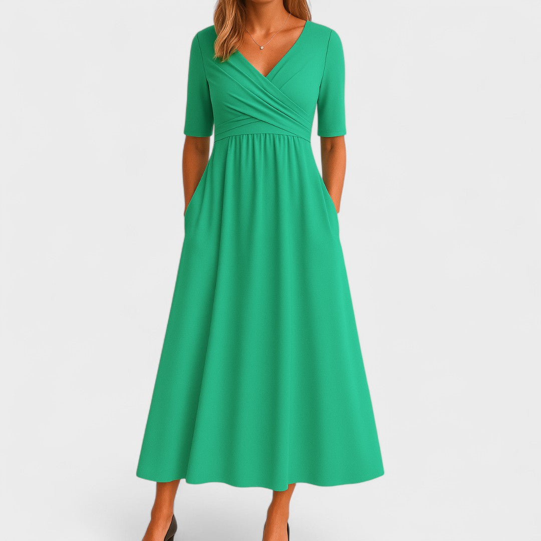 Women's Surplice Wrap V Neck Midi Dress with Crossover Ruched Waistband, Elbow-Length Sleeves and A-Line Skirt with Side Pockets