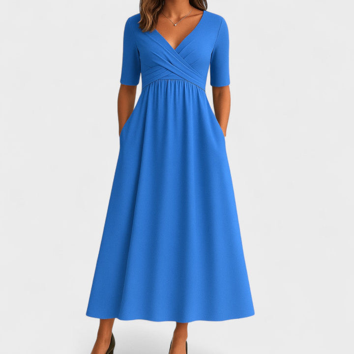 Women's Surplice Wrap V Neck Midi Dress with Crossover Ruched Waistband, Elbow-Length Sleeves and A-Line Skirt with Side Pockets