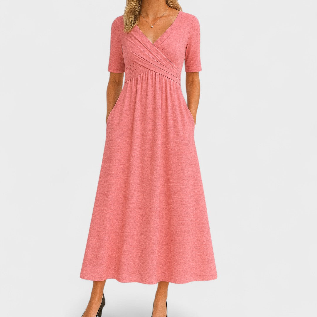 Women's Surplice Wrap V Neck Midi Dress with Crossover Ruched Waistband, Elbow-Length Sleeves and A-Line Skirt with Side Pockets