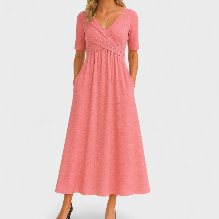 Women's Surplice Wrap V Neck Midi Dress with Crossover Ruched Waistband, Elbow-Length Sleeves and A-Line Skirt with Side Pockets