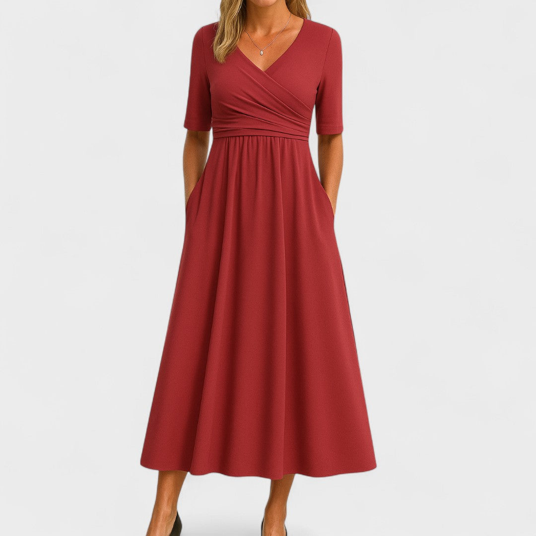 Women's Surplice Wrap V Neck Midi Dress with Crossover Ruched Waistband, Elbow-Length Sleeves and A-Line Skirt with Side Pockets