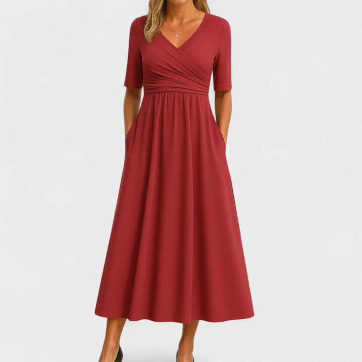 Women's Surplice Wrap V Neck Midi Dress with Crossover Ruched Waistband, Elbow-Length Sleeves and A-Line Skirt with Side Pockets