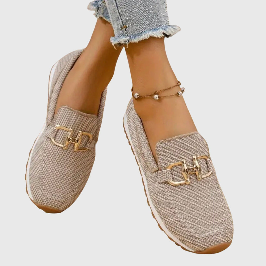Women's Textured Knit Slip-On Round Toe Gold Horsebit Hardware Platform Trainer Sole Loafer