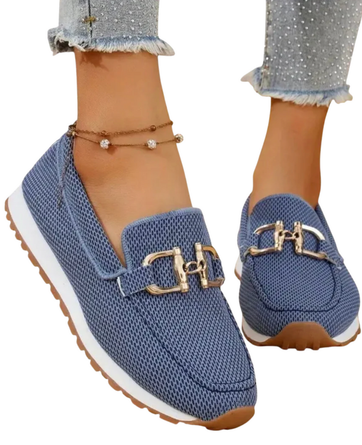 Women's Textured Knit Slip-On Round Toe Gold Horsebit Hardware Platform Trainer Sole Loafer