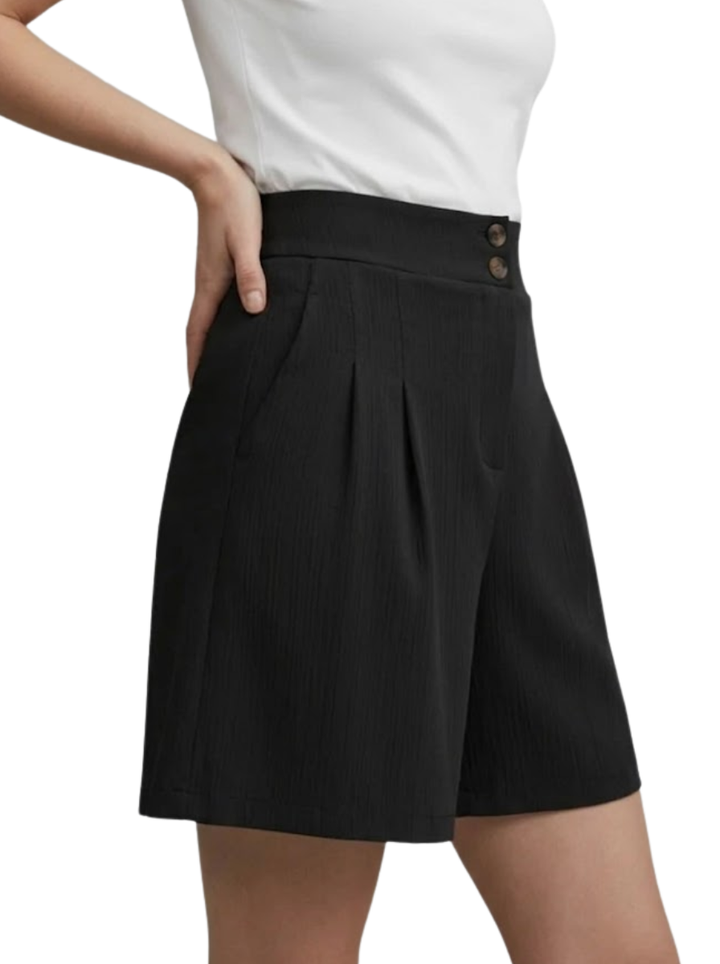 Women's Textured Woven Plain High Waist Two Button Front Pleat Wide Leg Bermuda Shorts with Pockets