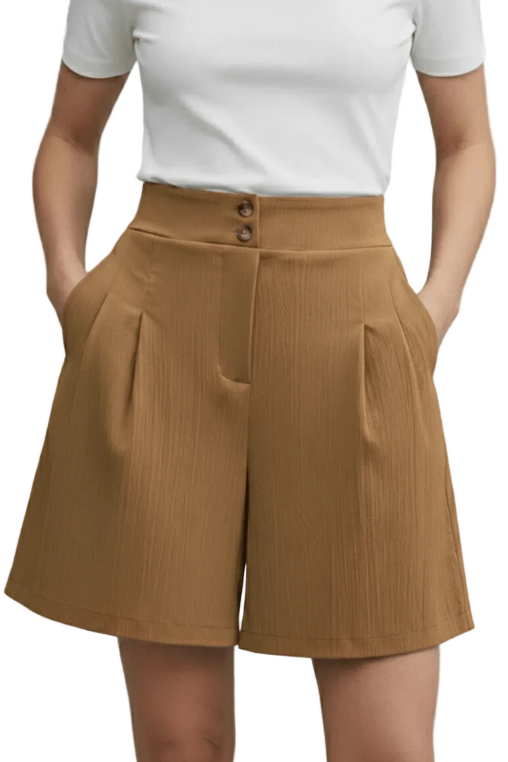 Women's Textured Woven Plain High Waist Two Button Front Pleat Wide Leg Bermuda Shorts with Pockets
