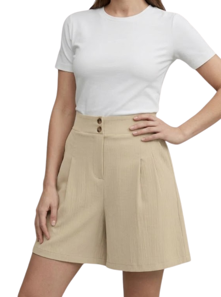 Women's Textured Woven Plain High Waist Two Button Front Pleat Wide Leg Bermuda Shorts with Pockets