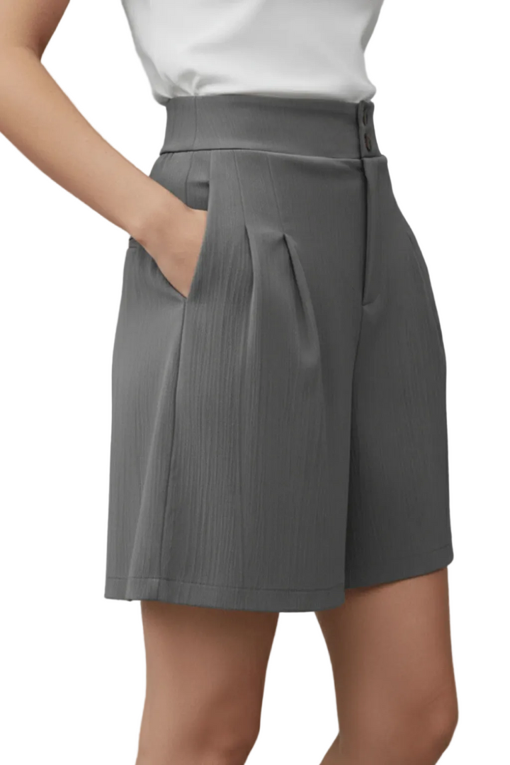 Women's Textured Woven Plain High Waist Two Button Front Pleat Wide Leg Bermuda Shorts with Pockets