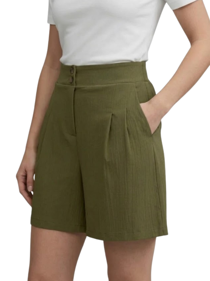 Women's Textured Woven Plain High Waist Two Button Front Pleat Wide Leg Bermuda Shorts with Pockets