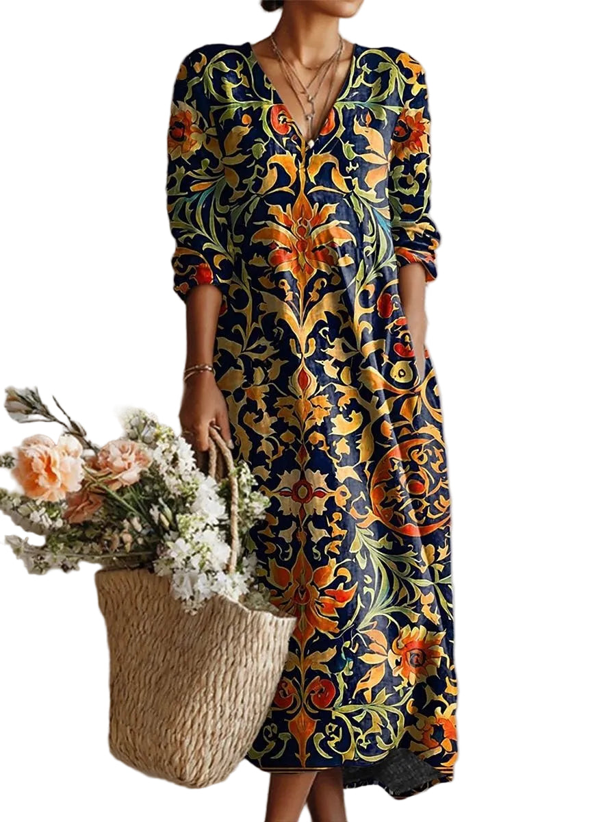 Women's Three Quarter Sleeve V Neck Boho Baroque Scroll Floral Print Relaxed Oversized Maxi Dress