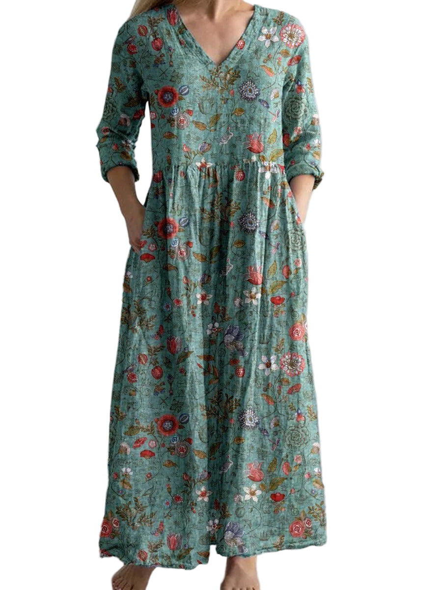 Women's Three Quarter Sleeve V Neck Botanical Illustration Wildflower Print Maxi Dress with Gathered Waist and Side Pockets