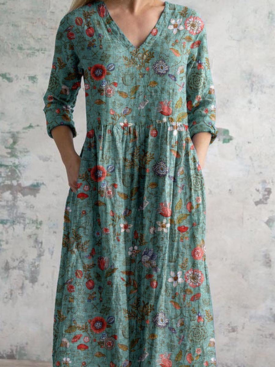 Women's Three Quarter Sleeve V Neck Botanical Illustration Wildflower Print Maxi Dress with Gathered Waist and Side Pockets