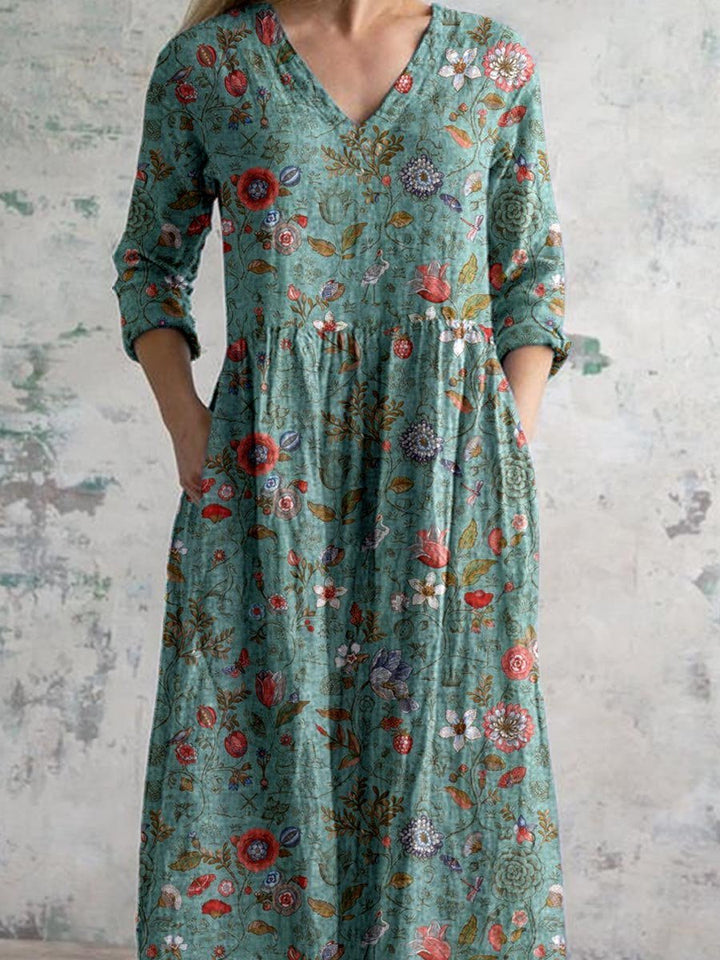 Women's Three Quarter Sleeve V Neck Botanical Illustration Wildflower Print Maxi Dress with Gathered Waist and Side Pockets