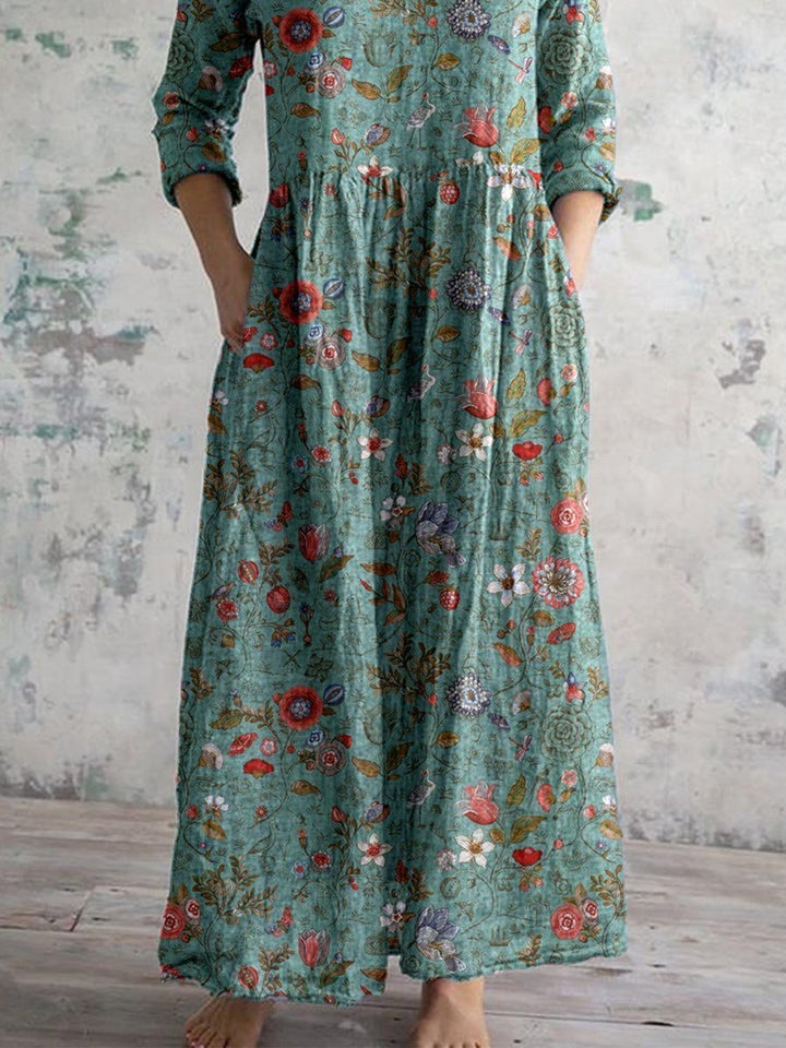 Women's Three Quarter Sleeve V Neck Botanical Illustration Wildflower Print Maxi Dress with Gathered Waist and Side Pockets