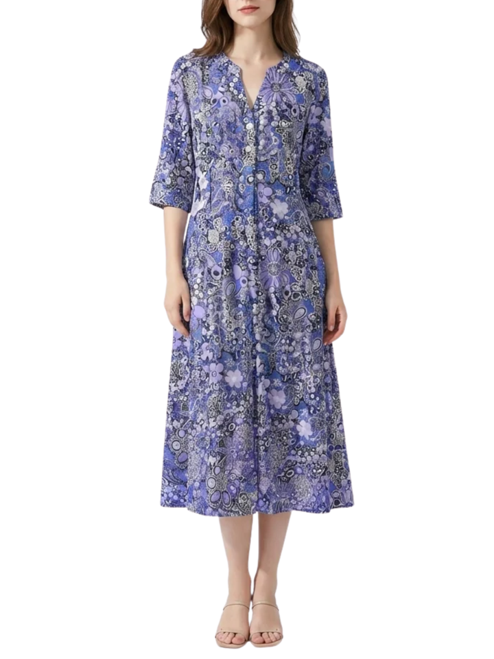 Women's Three Quarter Sleeve V Neck Full Button Through Dense Mixed Floral Print Midi Dress with A-Line Silhouette