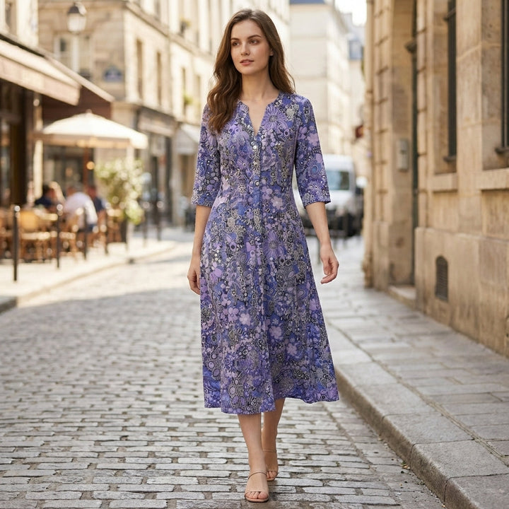 Women's Three Quarter Sleeve V Neck Full Button Through Dense Mixed Floral Print Midi Dress with A-Line Silhouette