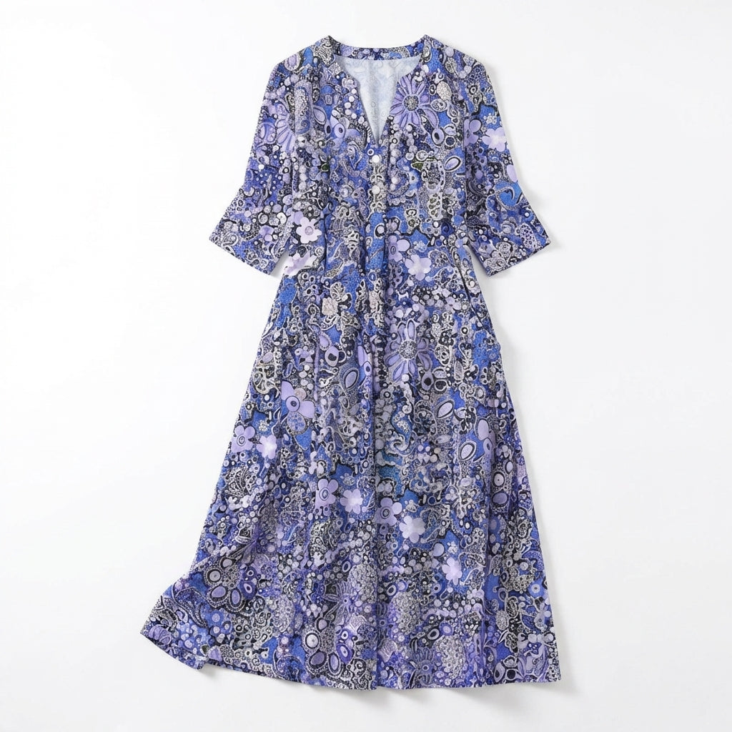 Women's Three Quarter Sleeve V Neck Full Button Through Dense Mixed Floral Print Midi Dress with A-Line Silhouette
