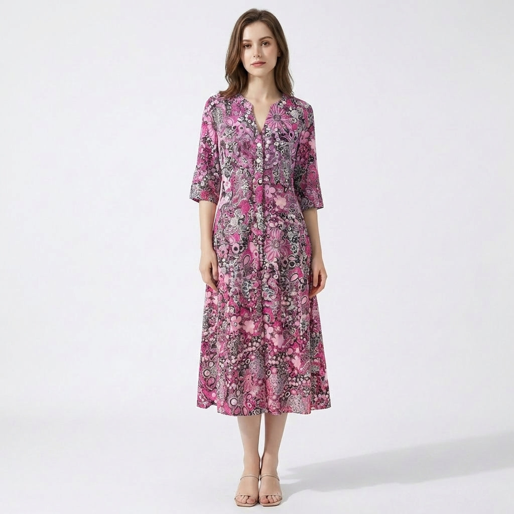 Women's Three Quarter Sleeve V Neck Full Button Through Dense Mixed Floral Print Midi Dress with A-Line Silhouette