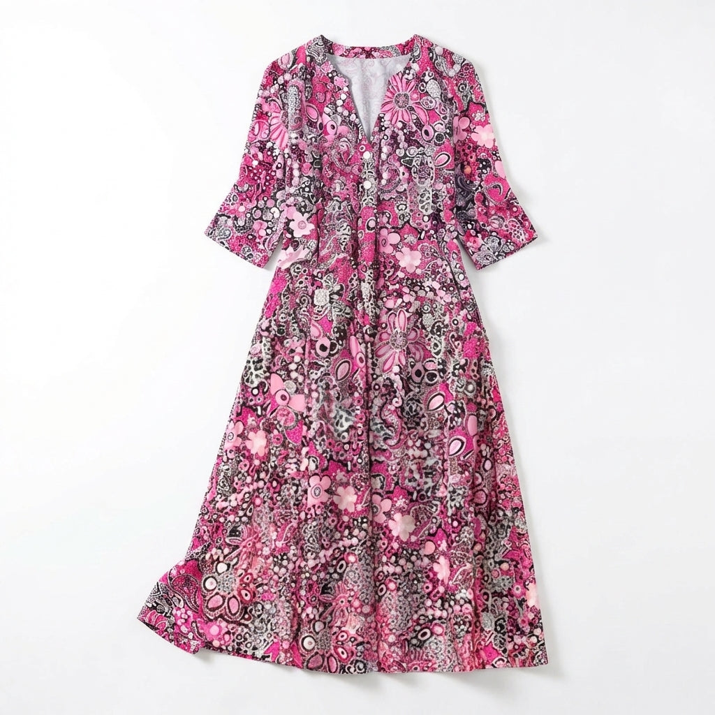 Women's Three Quarter Sleeve V Neck Full Button Through Dense Mixed Floral Print Midi Dress with A-Line Silhouette