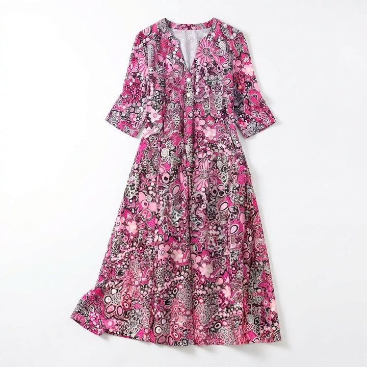 Women's Three Quarter Sleeve V Neck Full Button Through Dense Mixed Floral Print Midi Dress with A-Line Silhouette