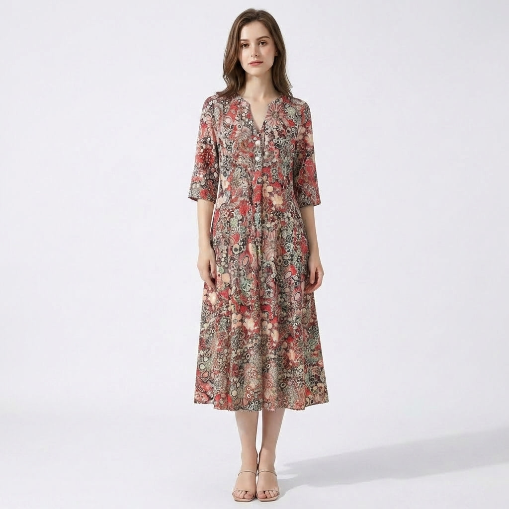 Women's Three Quarter Sleeve V Neck Full Button Through Dense Mixed Floral Print Midi Dress with A-Line Silhouette