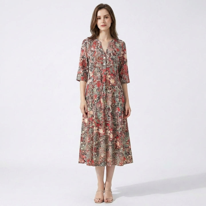 Women's Three Quarter Sleeve V Neck Full Button Through Dense Mixed Floral Print Midi Dress with A-Line Silhouette
