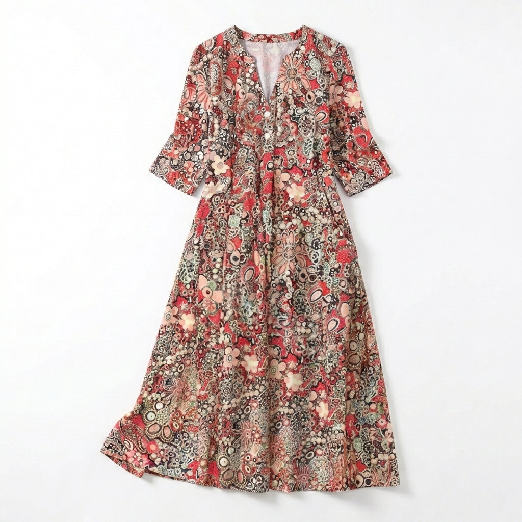 Women's Three Quarter Sleeve V Neck Full Button Through Dense Mixed Floral Print Midi Dress with A-Line Silhouette