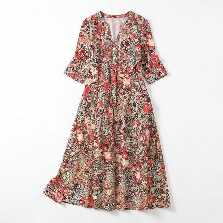 Women's Three Quarter Sleeve V Neck Full Button Through Dense Mixed Floral Print Midi Dress with A-Line Silhouette