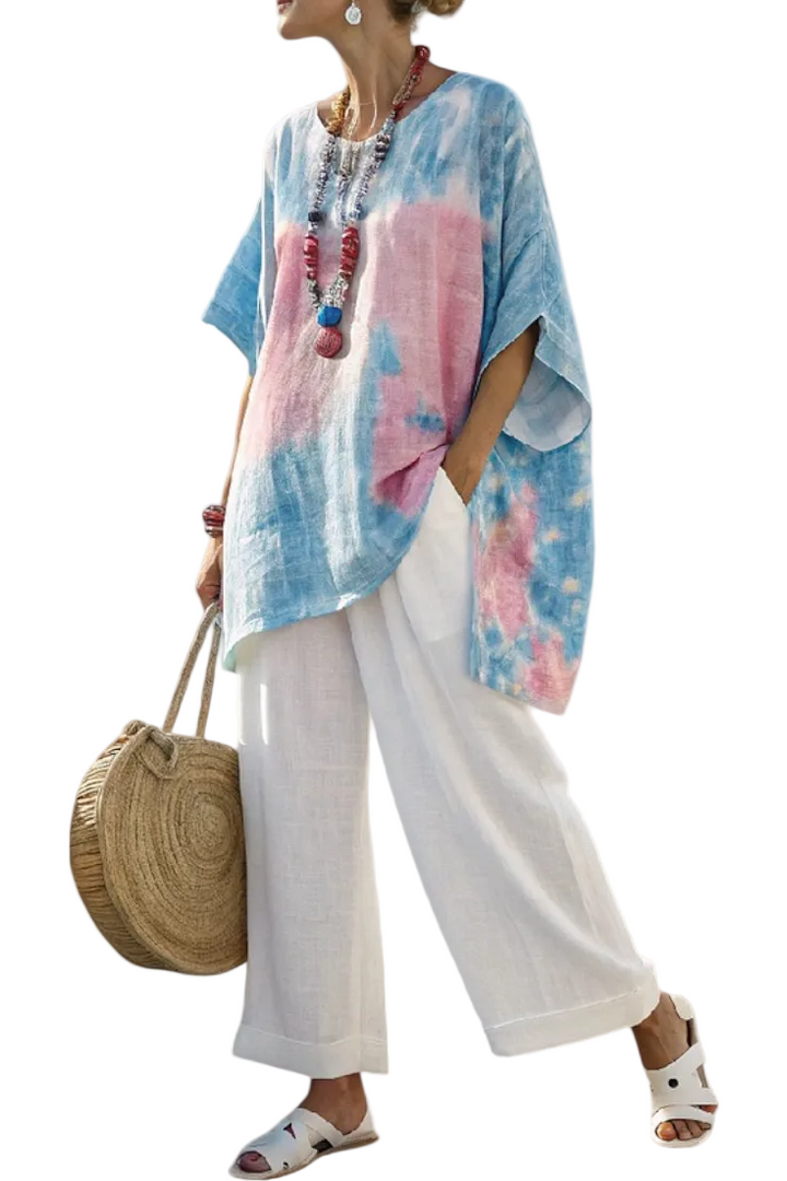 Women's Tie Dye Watercolor Print Oversized Kimono Batwing Sleeve Round Neck Top Wide Leg Cropped Pants Two Piece Matching Set