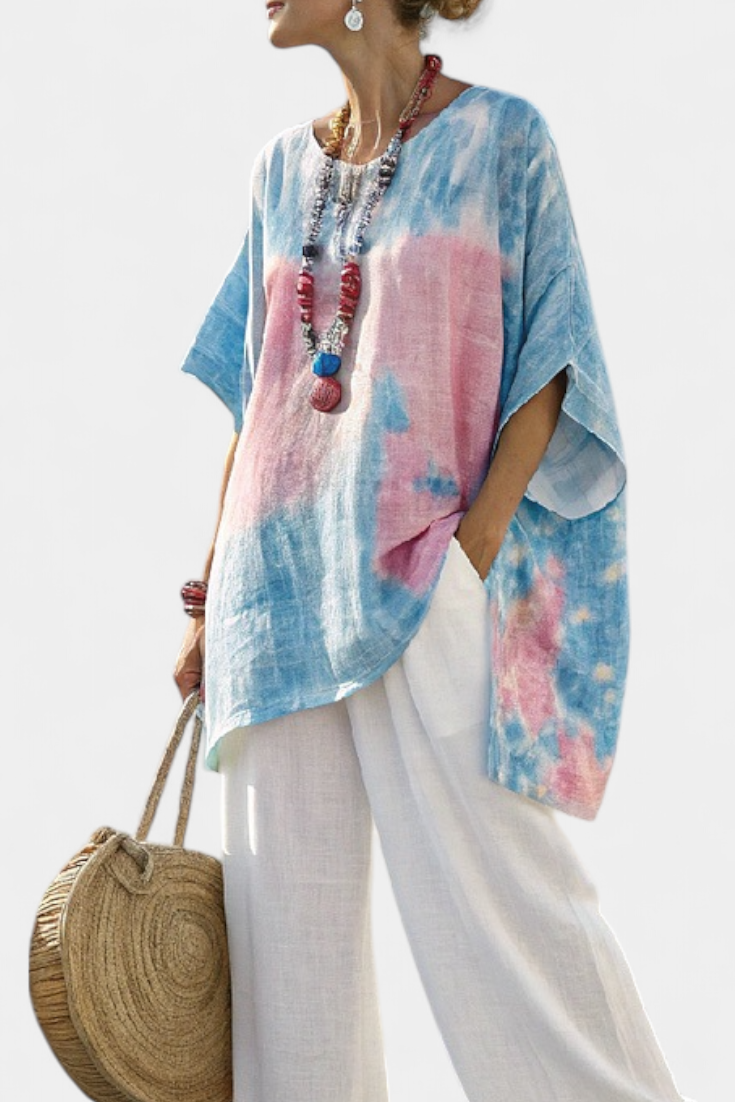 Women's Tie Dye Watercolor Print Oversized Kimono Batwing Sleeve Round Neck Top Wide Leg Cropped Pants Two Piece Matching Set
