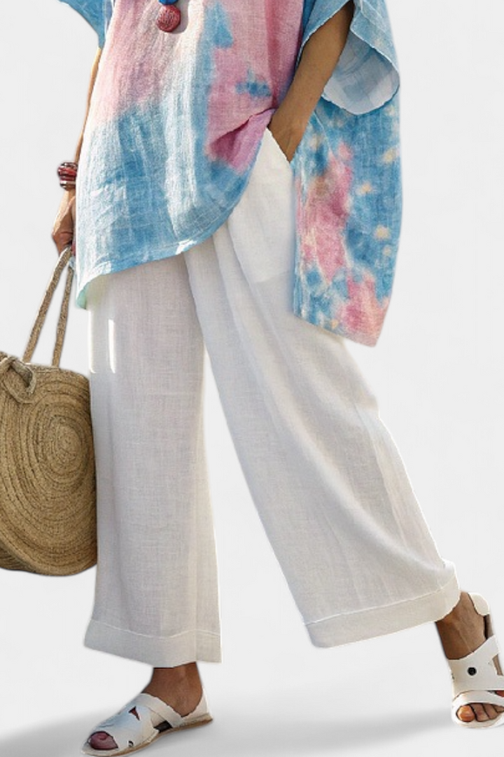 Women's Tie Dye Watercolor Print Oversized Kimono Batwing Sleeve Round Neck Top Wide Leg Cropped Pants Two Piece Matching Set